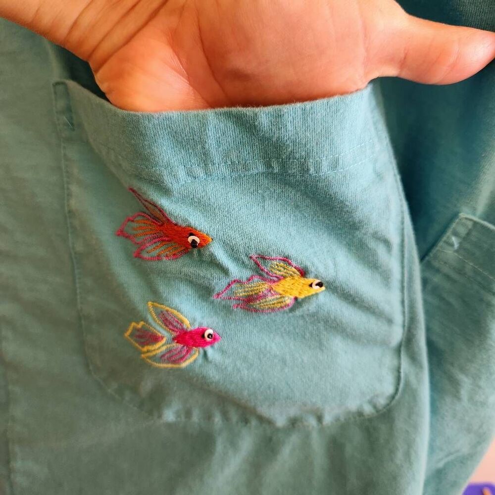 Women's blue vintage fish sequin embroidered pullover t-shirt dress small to med - Picture 6 of 8